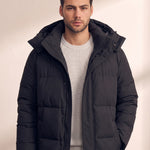 Men's Black Longline Hooded Puffer Coat, close-up of the upper body.