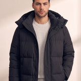 Men's Black Longline Hooded Puffer Coat, close-up of the upper body.