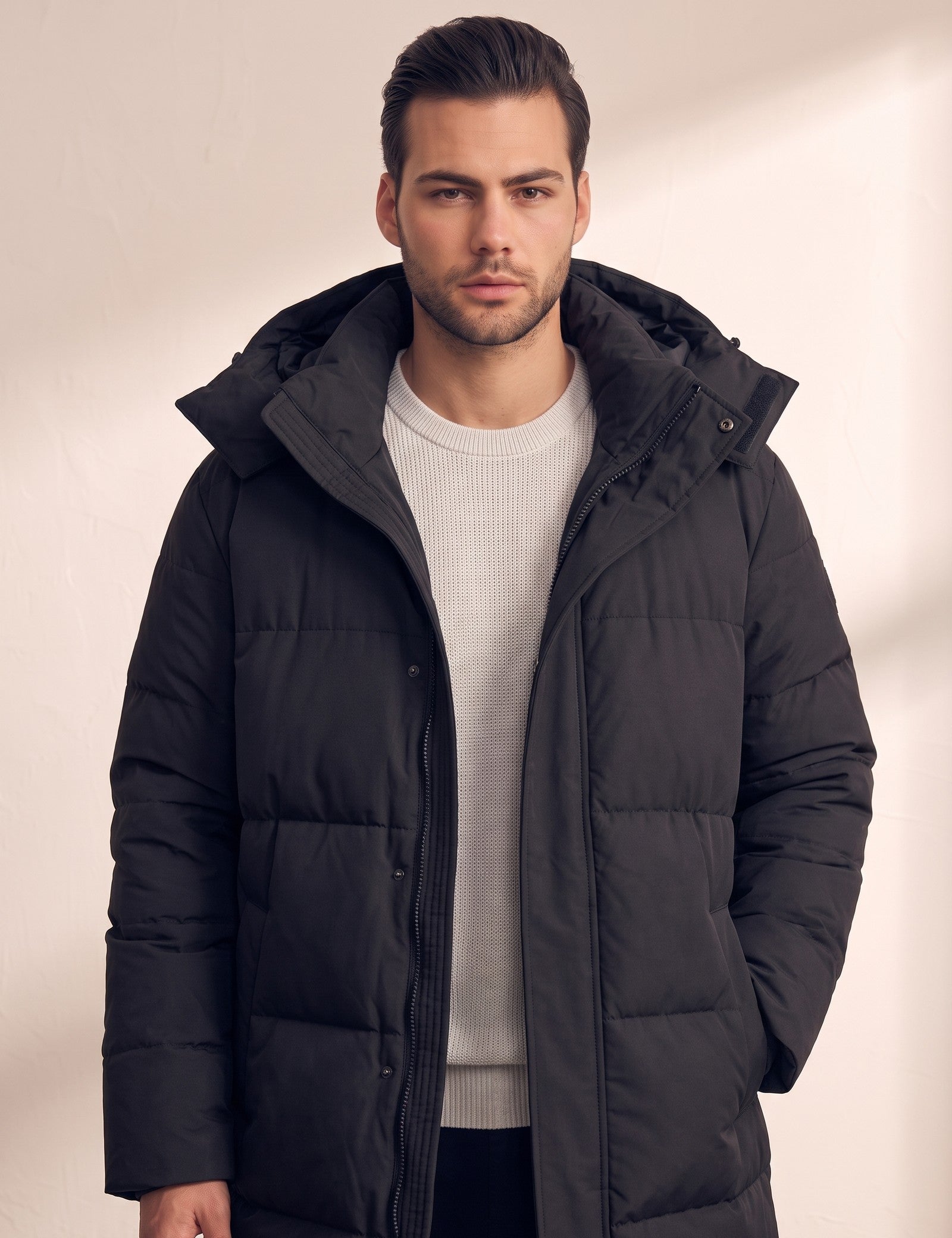 Men's Black Longline Hooded Puffer Coat, close-up of the upper body.