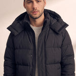 Men's Black Longline Hooded Puffer Coat, close-up of the upper body.