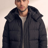 Men's Black Longline Hooded Puffer Coat, close-up of the upper body.