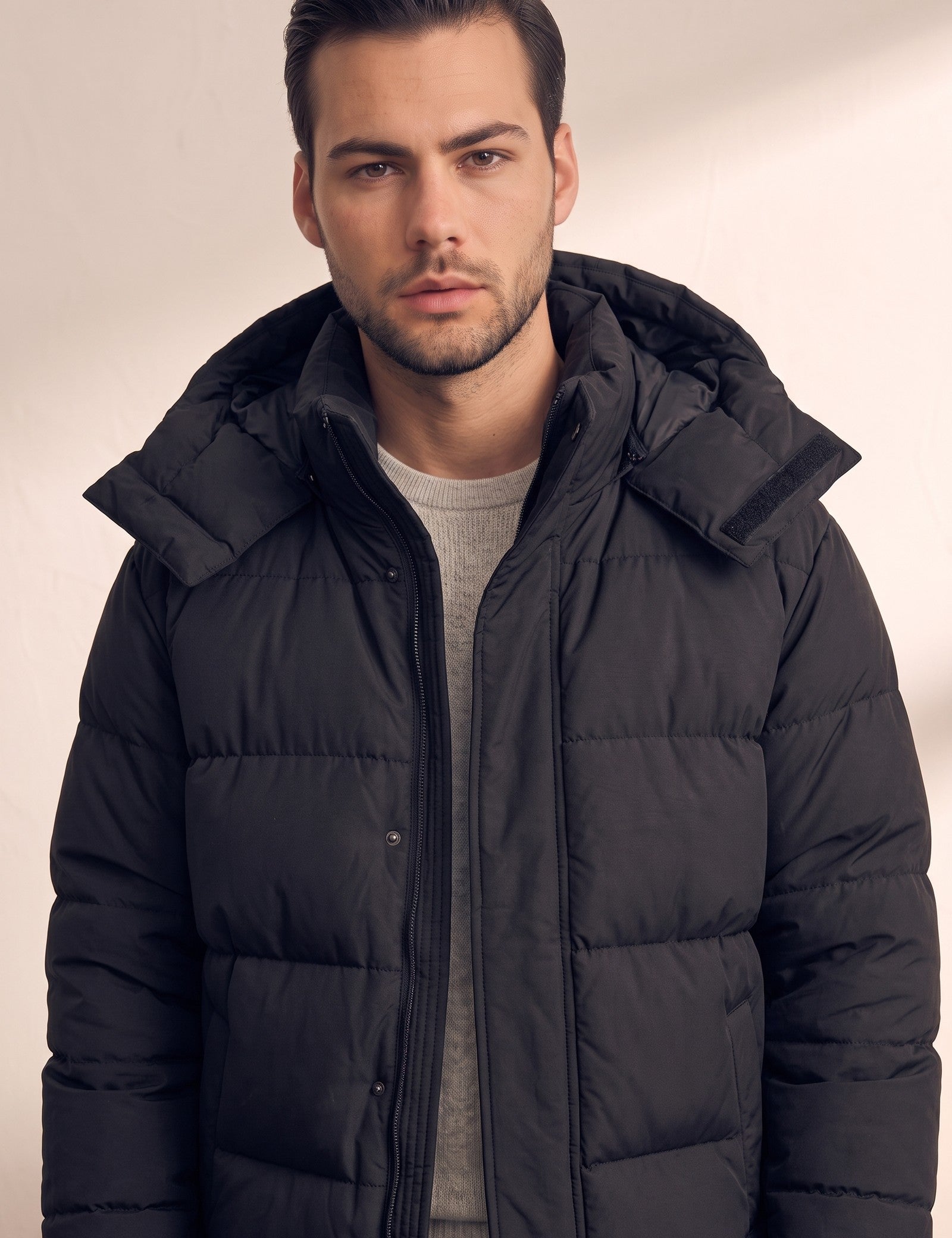 Men's Black Longline Hooded Puffer Coat, close-up of the upper body.