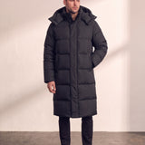 Men's Black Longline Hooded Puffer Coat, front view, full length.