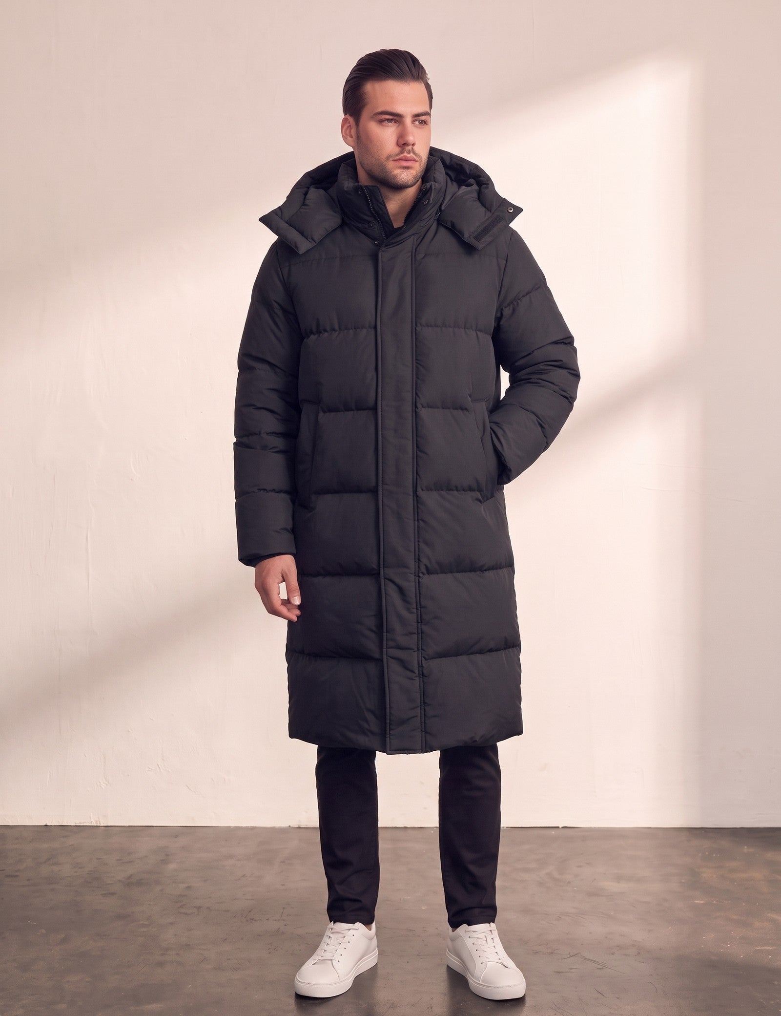 Men's Black Longline Hooded Puffer Coat, front view, full length.