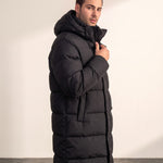 Men's Black Longline Hooded Puffer Coat, side view, full length.