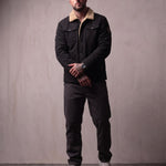 Men's Black Sherpa Collar Jacket with Chest Pockets, front view, full length.