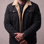 Men's Black Sherpa Collar Jacket with Chest Pockets, close-up of the upper body.