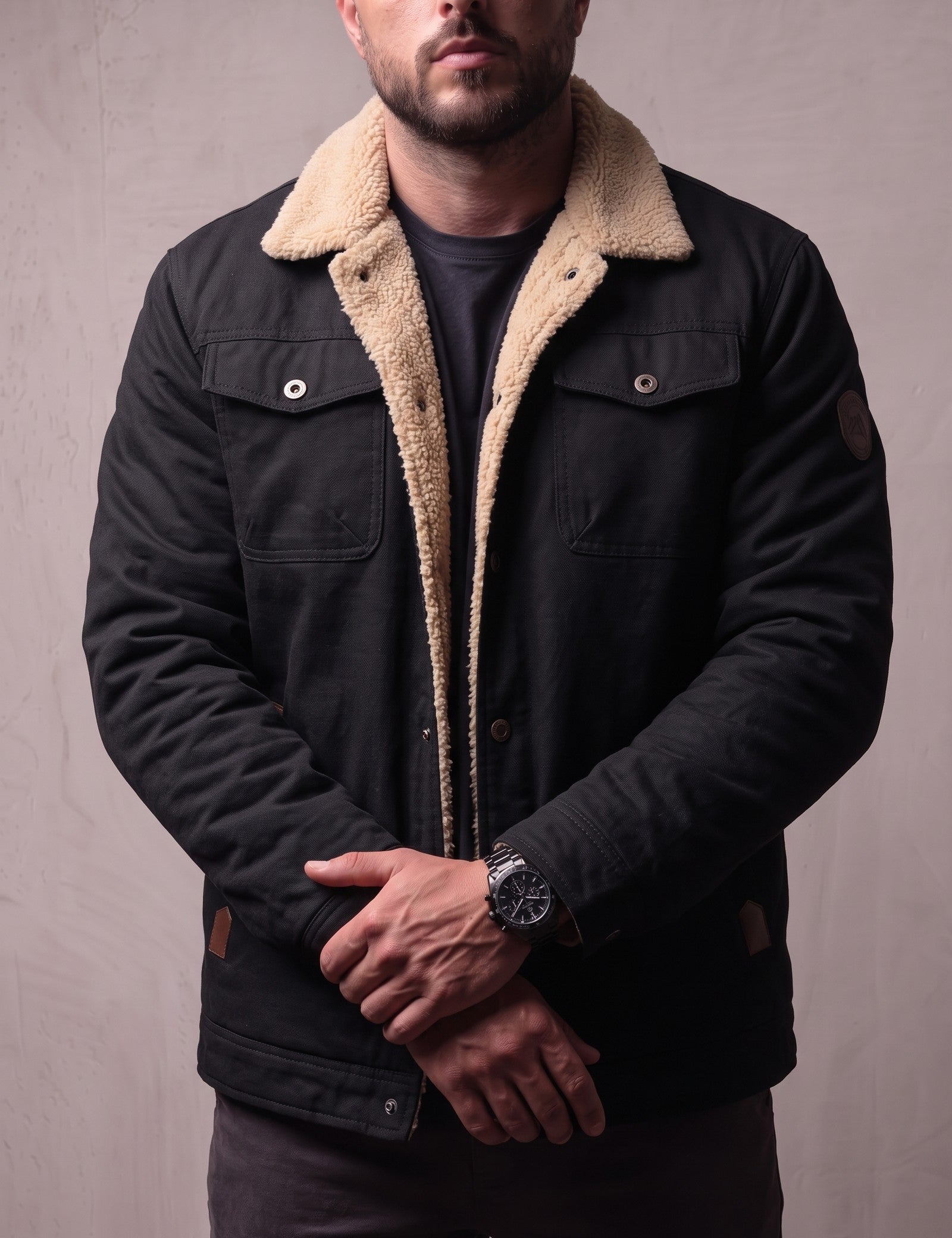 Men's Black Sherpa Collar Jacket with Chest Pockets, close-up of the upper body.