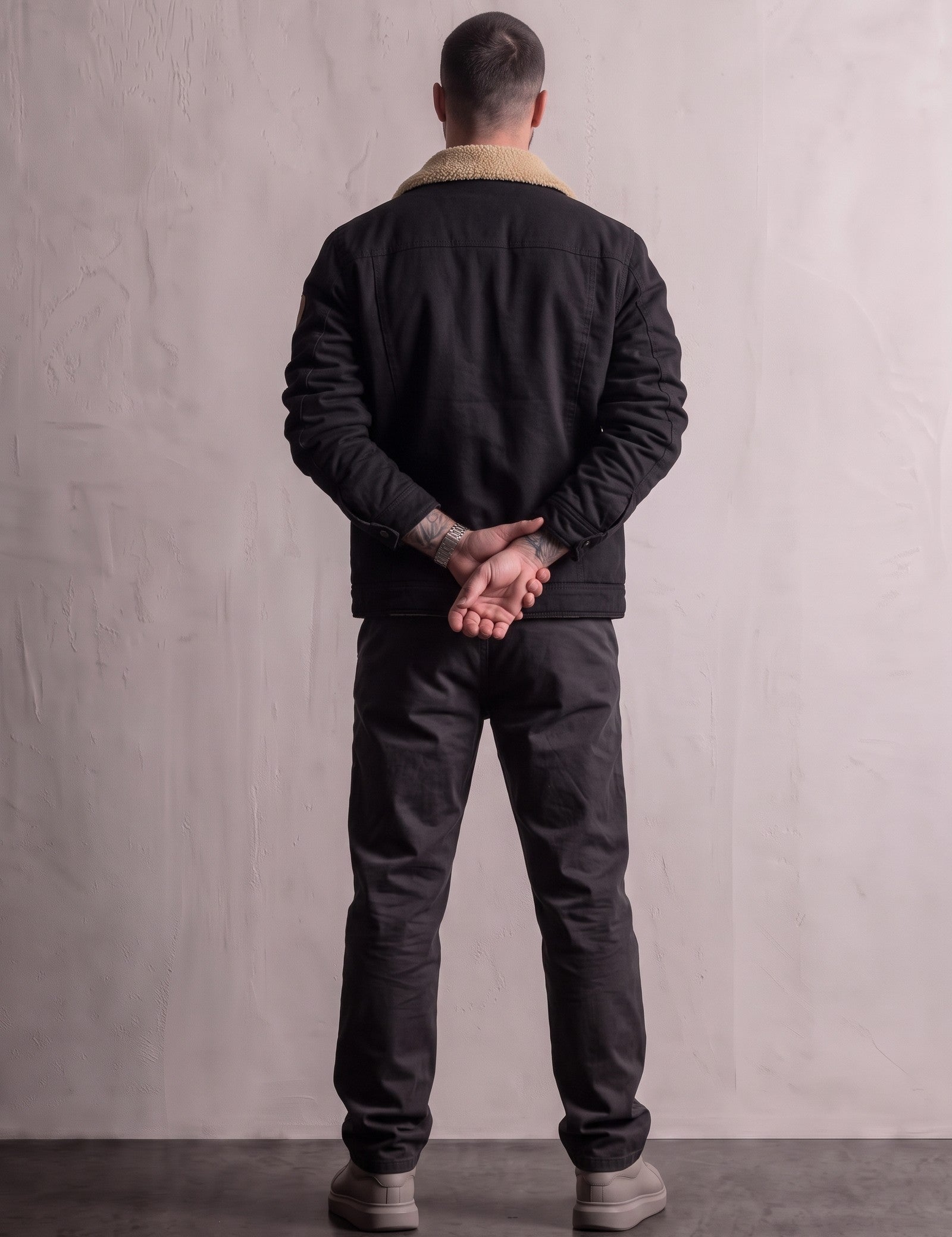 Men's Black Sherpa Collar Jacket with Chest Pockets, back view, full length.