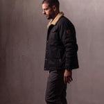Men's Black Sherpa Collar Jacket with Chest Pockets, side view, full length.