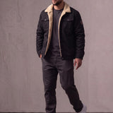 Men's Black Sherpa Collar Jacket with Chest Pockets, three-quarter view from the right, full length.