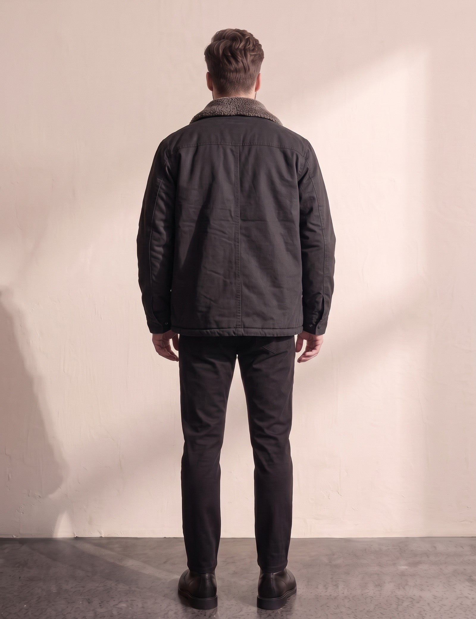 Men's Black Sherpa-Lined Jacket with Chest Pockets, back view, full length.