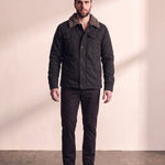 Men's Black Sherpa-Lined Jacket with Chest Pockets, front view, full length.
