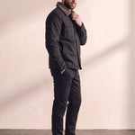 Men's Black Sherpa-Lined Jacket with Chest Pockets, side view, full length.