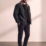 Men's Black Sherpa-Lined Jacket with Chest Pockets, three-quarter view from the left, full length.