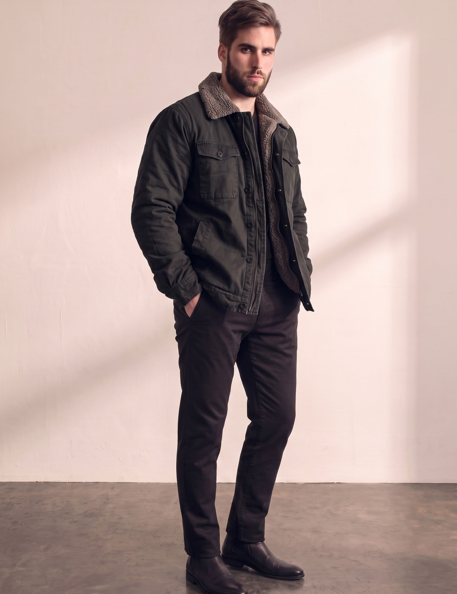 Men's Black Sherpa-Lined Jacket with Chest Pockets, three-quarter view from the left, full length.