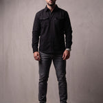 Men's Black Stretch Button Overshirt, front view, full length