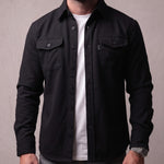 Men's Black Stretch Button Overshirt, close-up of the upper body