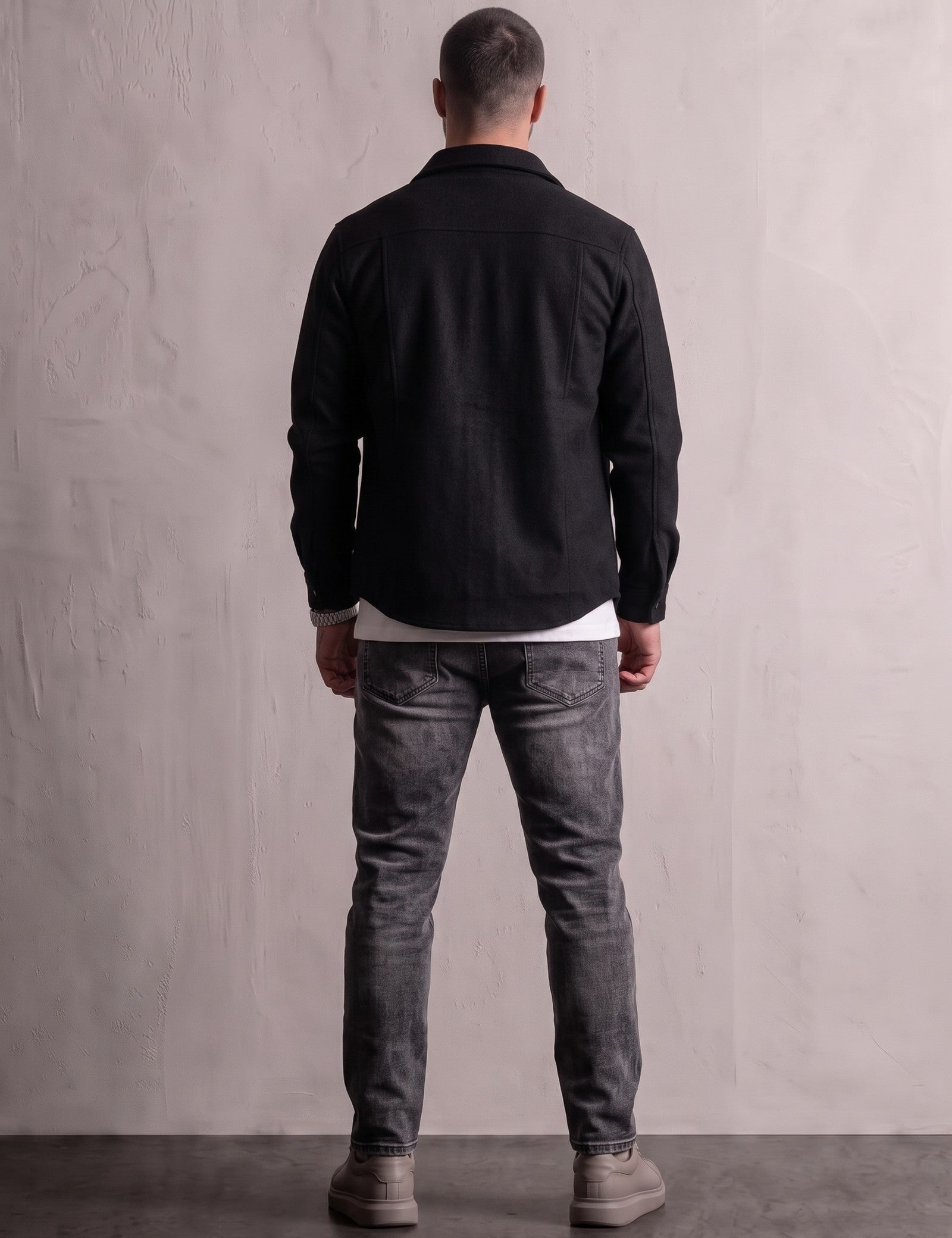 Men's Black Stretch Button Overshirt, back view, full length