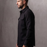 Men's Black Stretch Button Overshirt, side view, full length