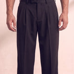 Men's Black Wide Leg Pleated Trousers, close-up of the waistband and front pocket.