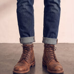 Men's Brown Distressed Lace-Up Mid-Top Work Boots, front view of the shoes, worn.