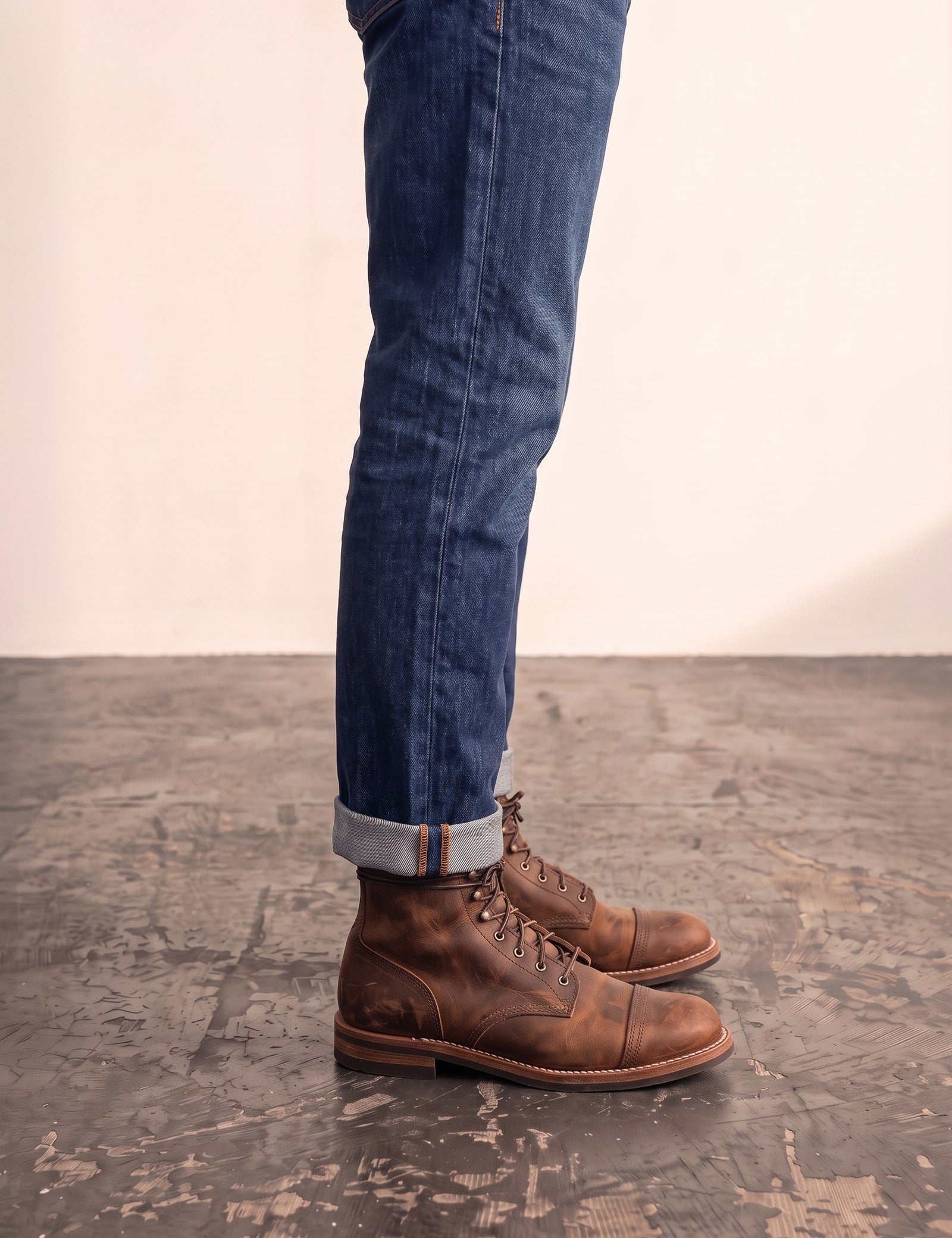 Men's Brown Distressed Lace-Up Mid-Top Work Boots, side view of the shoe, worn.