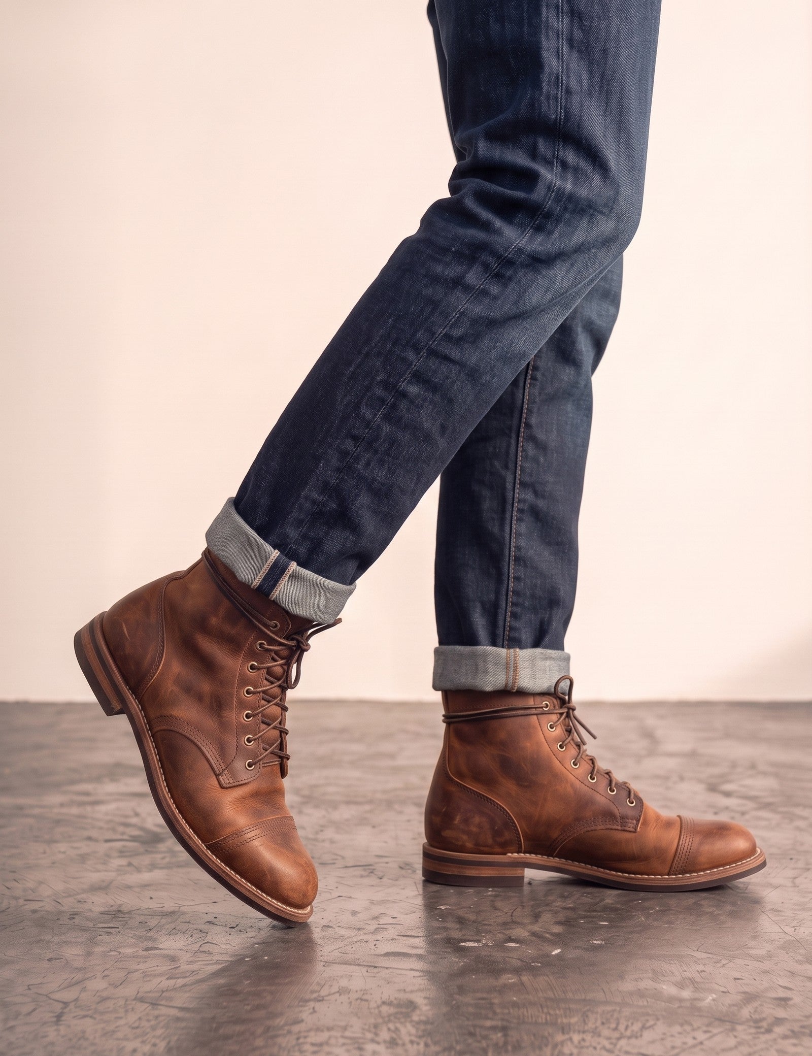 Men's Brown Distressed Lace-Up Mid-Top Work Boots, the shoes in mid-step, showing the sole.