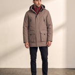 Men's Brown Hooded Parka Jacket with Utility Pockets, front view, full length