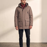 Men's Brown Hooded Parka Jacket with Utility Pockets, front view, full length