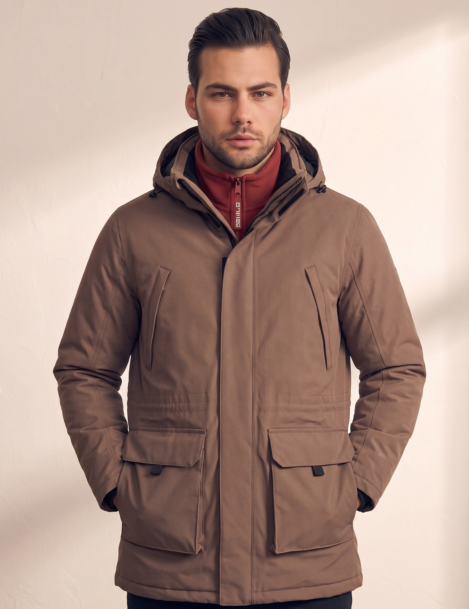 Men's Brown Hooded Parka Jacket with Utility Pockets, close-up of the upper body