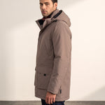 Men's Brown Hooded Parka Jacket with Utility Pockets, side view, full length