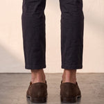 Men's Brown Suede-Effect Penny Loafers, back view of the heels, worn.