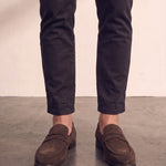 Men's Brown Suede-Effect Penny Loafers, front view of the shoes, worn.