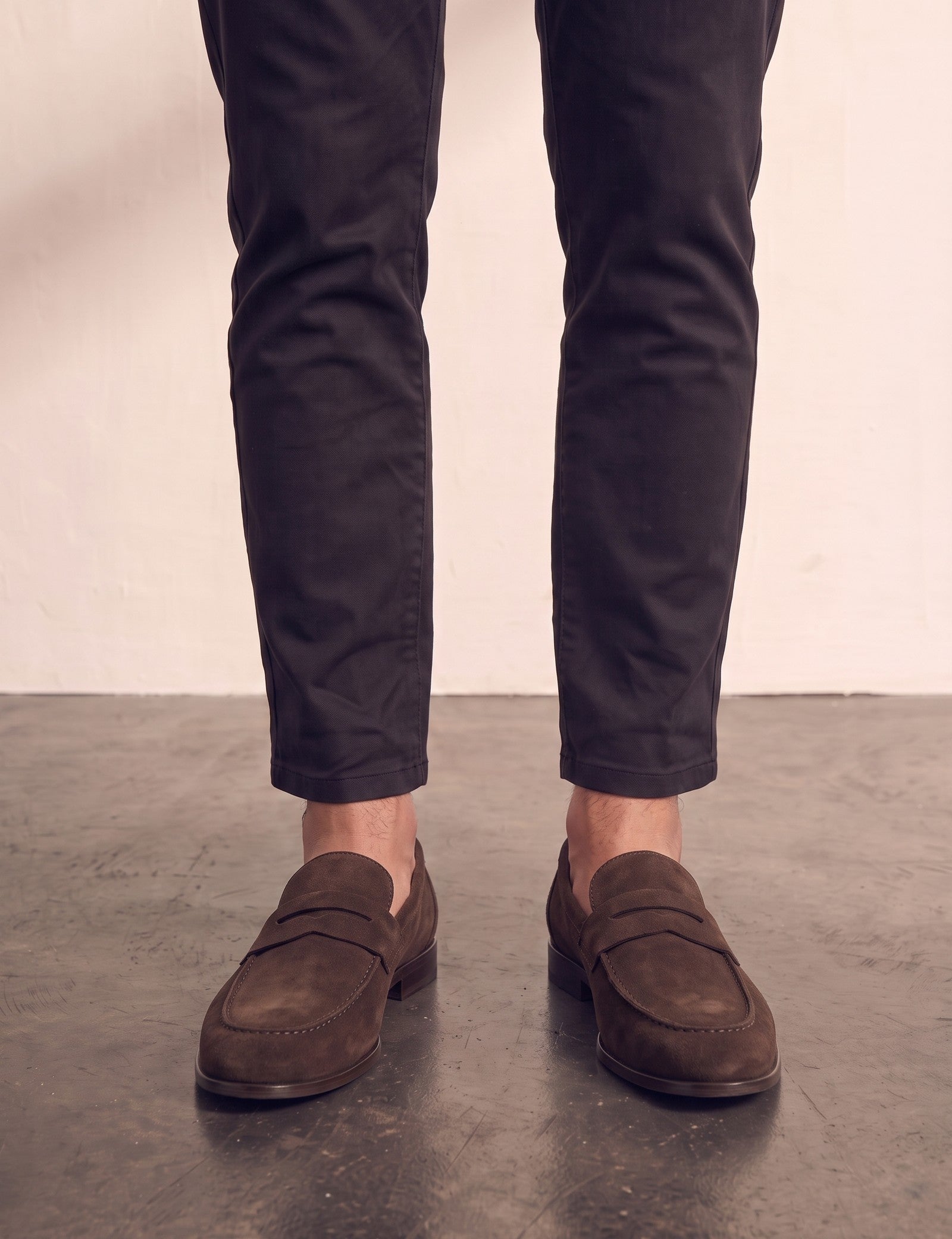 Men's Brown Suede-Effect Penny Loafers, front view of the shoes, worn.