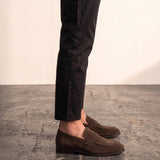 Men's Brown Suede-Effect Penny Loafers, side view of the shoe, worn.