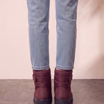 Men's Burgundy Quilted Snow Boots with Ankle Strap, back view of the heels, worn.