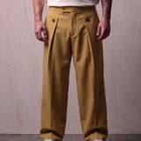 Men's Camel Wide-Leg Pleated Trousers with Button Tabs, front view from the waist down.