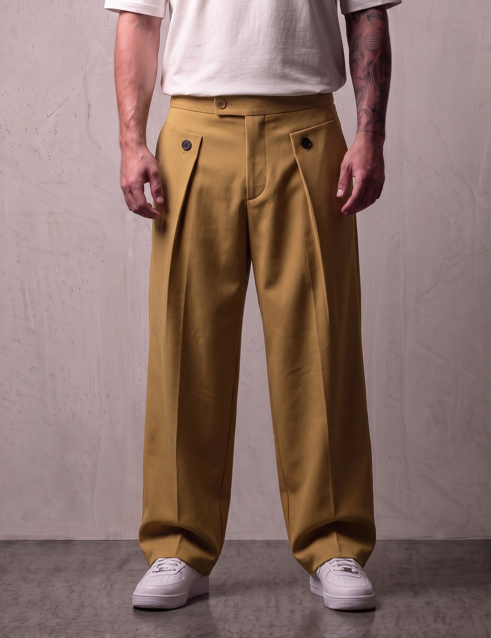 Men's Camel Wide-Leg Pleated Trousers with Button Tabs, front view from the waist down.