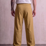 Men's Camel Wide-Leg Pleated Trousers with Button Tabs, back view from the waist down.