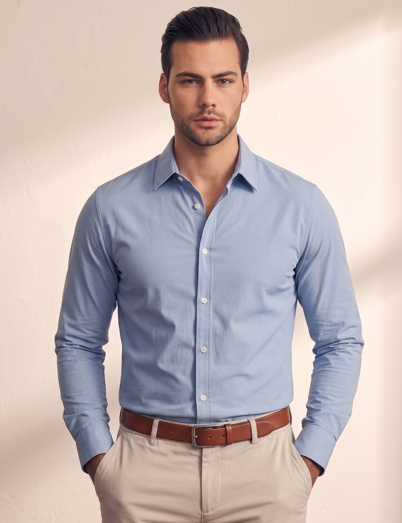 Men's Classic Fit Button-Down Chambray Shirt, close-up of the upper body