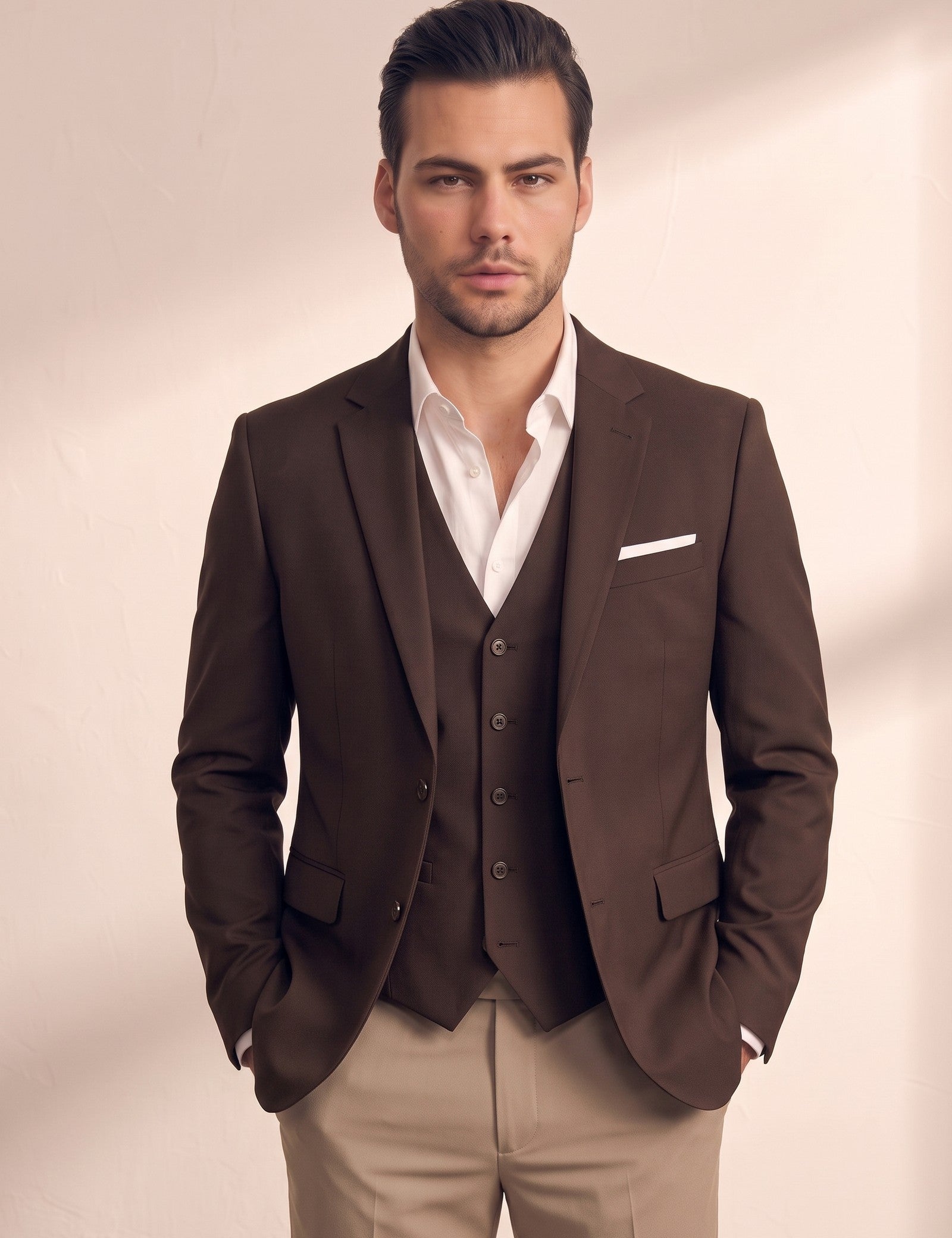 Men's Classic Three-Piece Formal Suit, close-up of the upper body