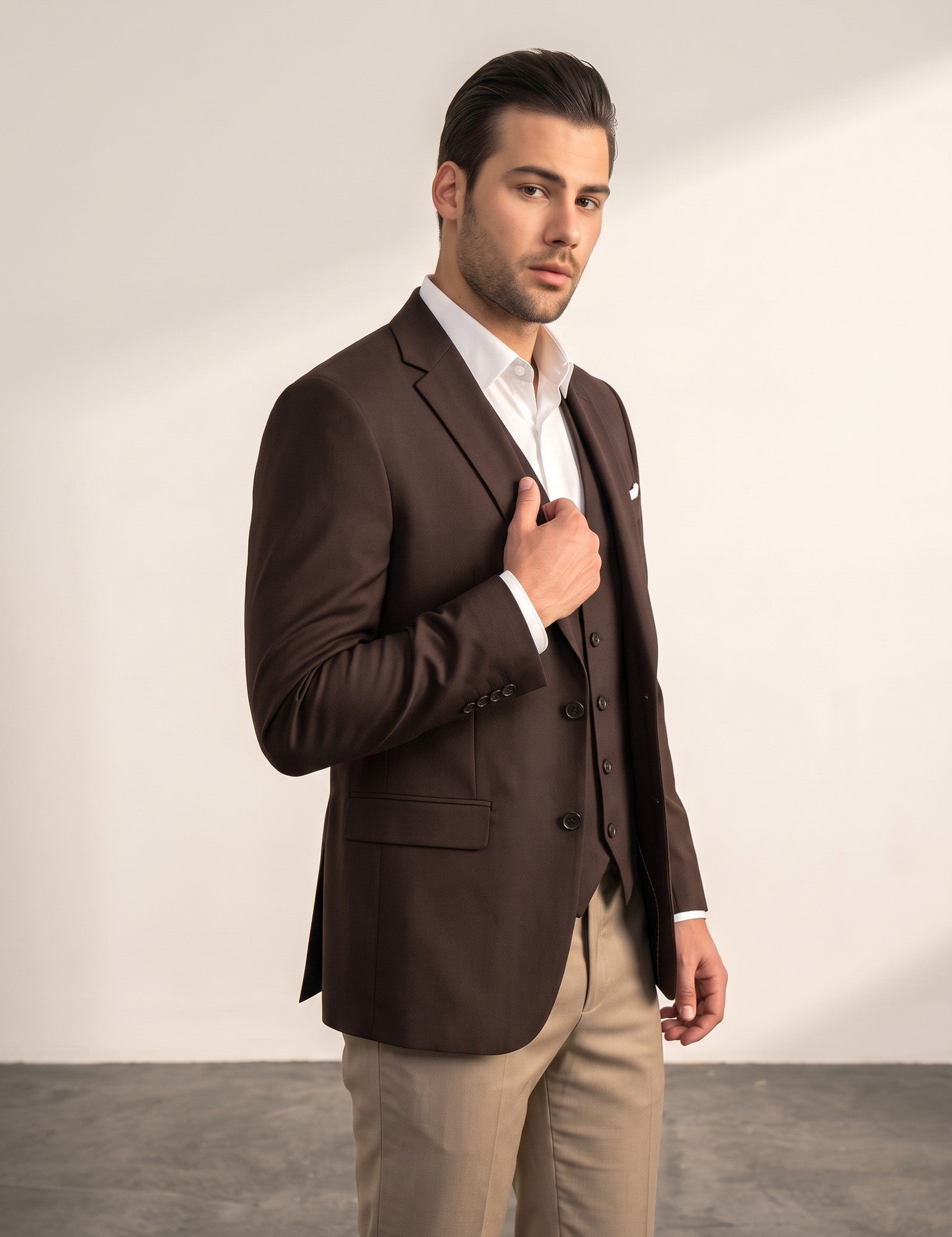 Men's Classic Three-Piece Formal Suit, side view, full length