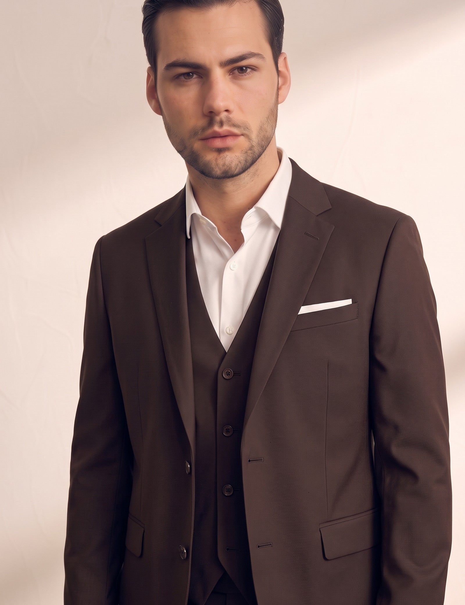 Men's Classic Three-Piece Formal Suit, close-up of the upper body