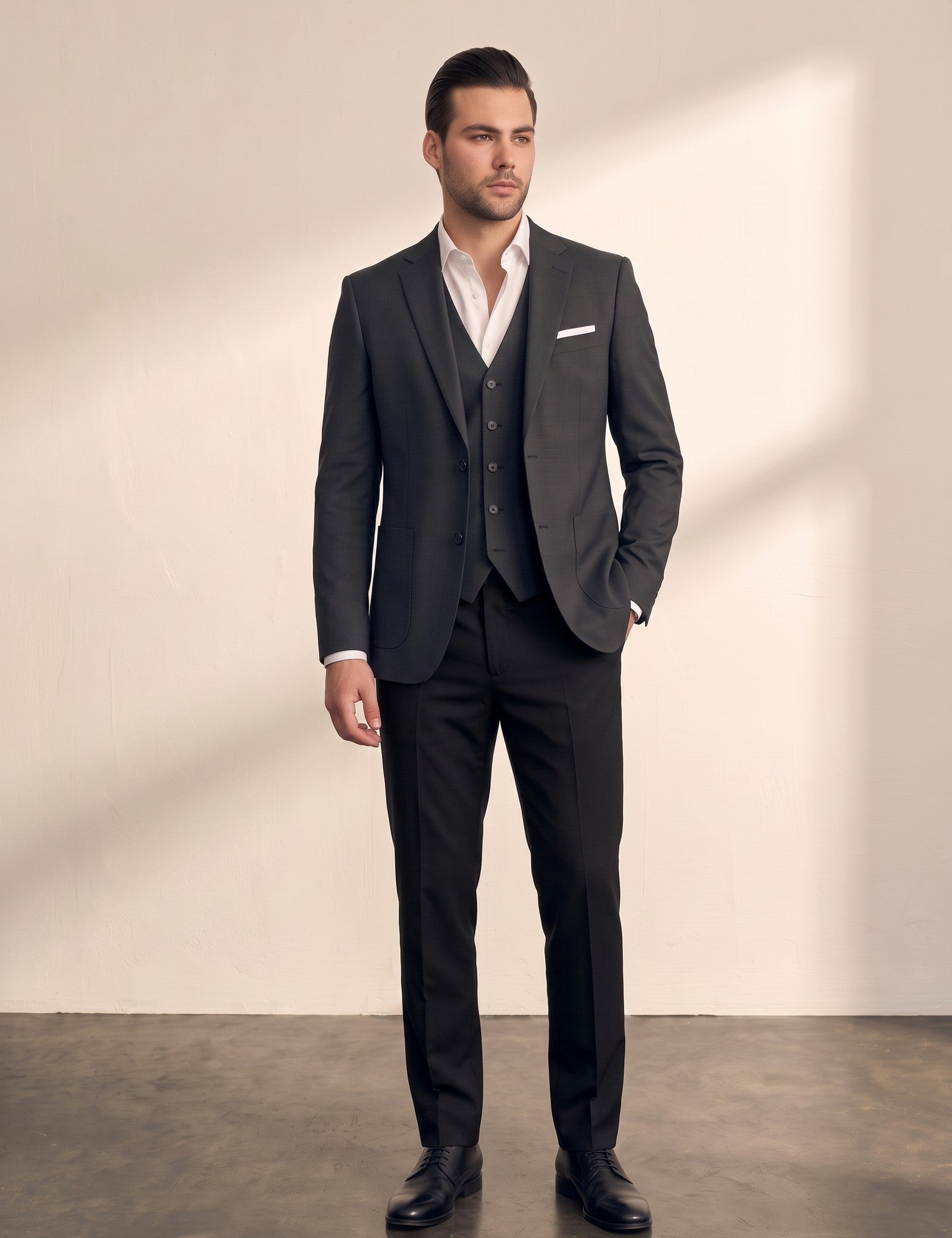 Men's Classic Three-Piece Formal Suit, side view, full length