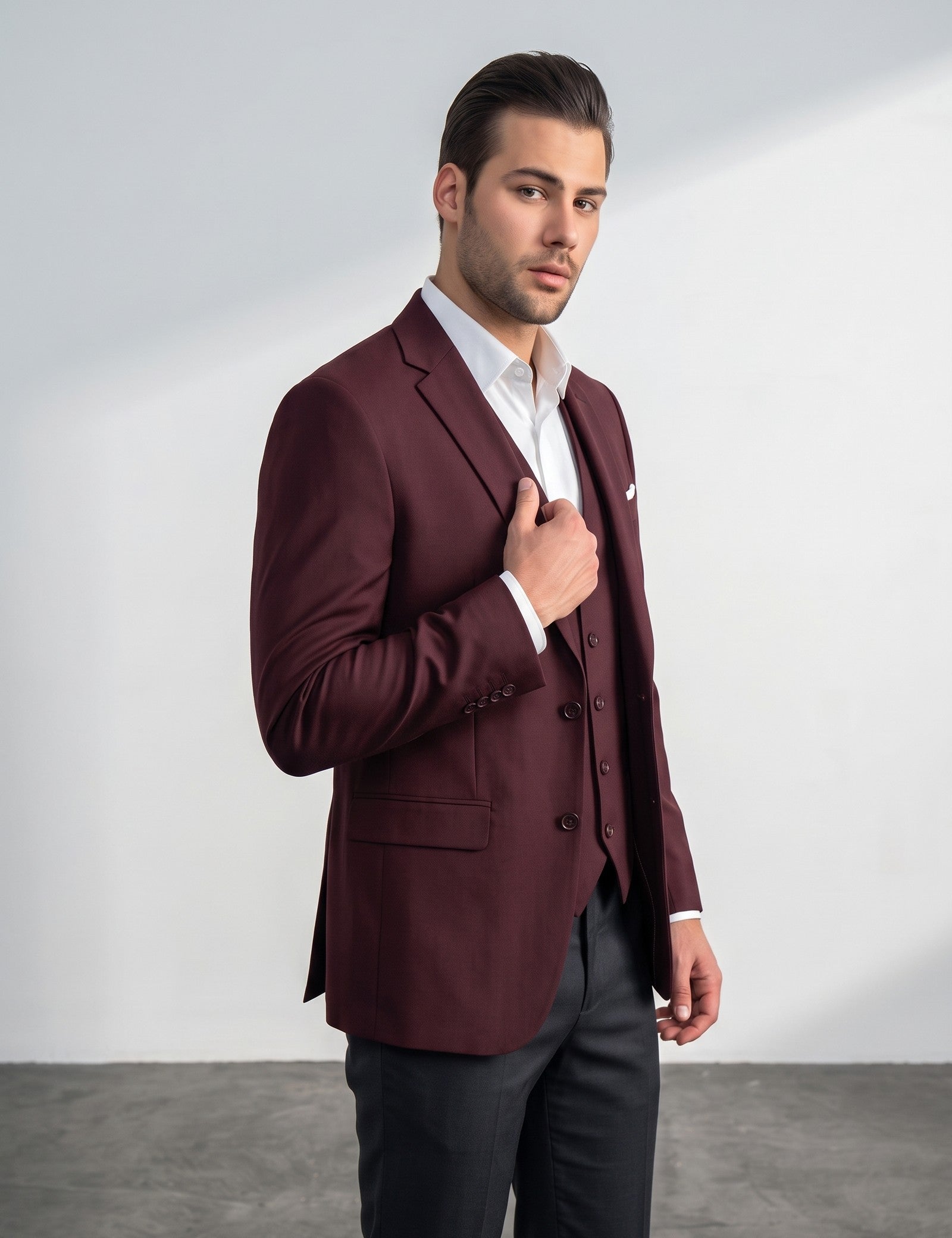 Men's Classic Three-Piece Formal Suit, side view, full length
