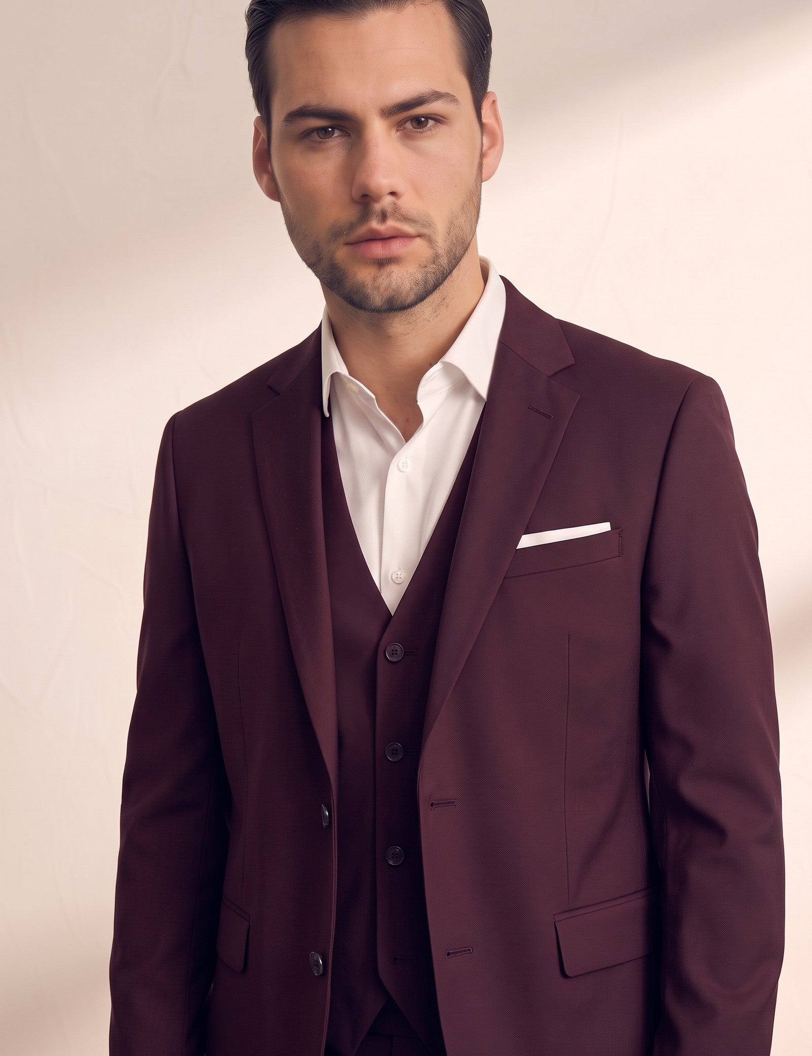 Men's Classic Three-Piece Formal Suit, close-up of the upper body
