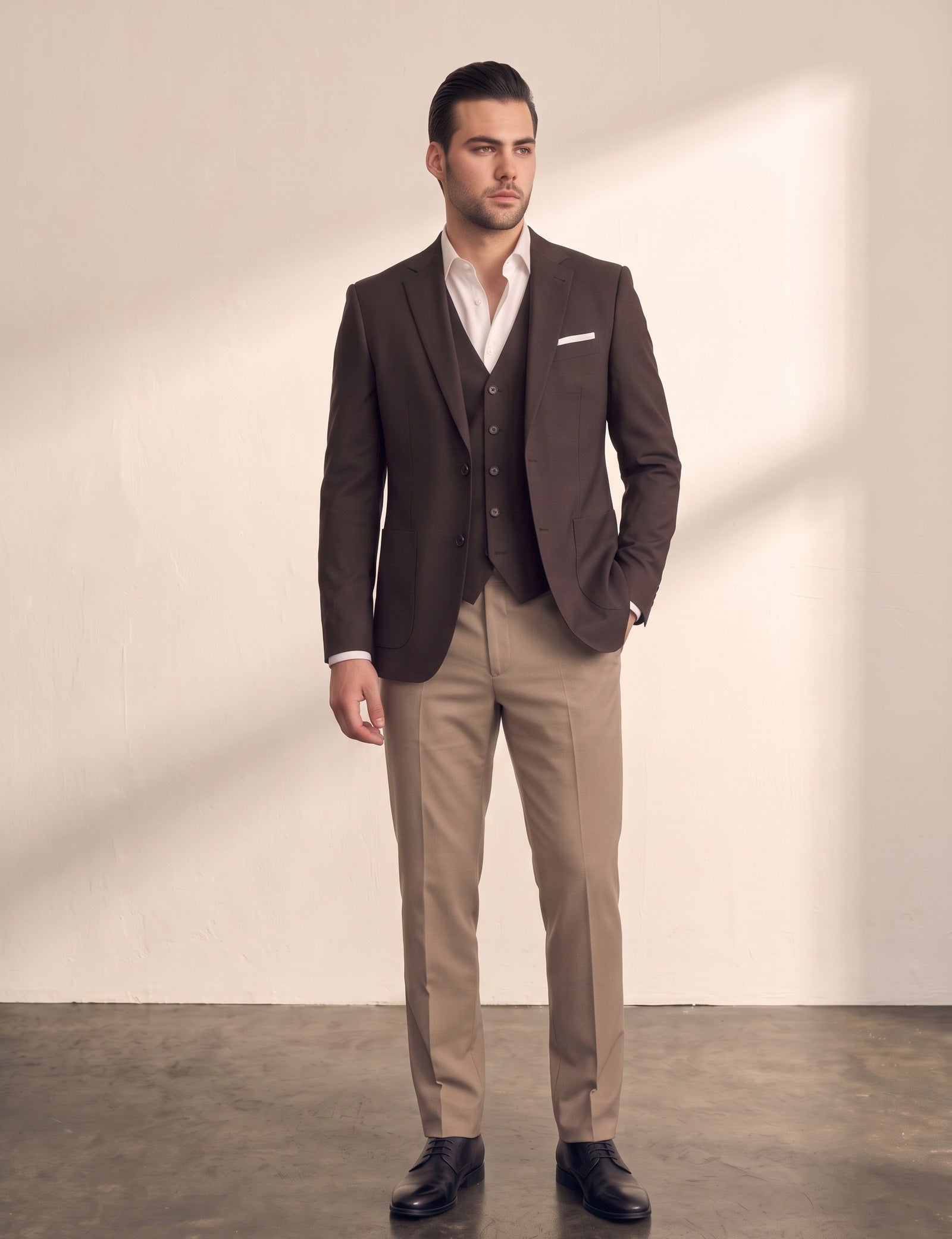 Men's Classic Three-Piece Formal Suit in Brown, front view, full length