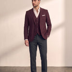 Men's Classic Three-Piece Formal Suit in Burgundy, front view, full length