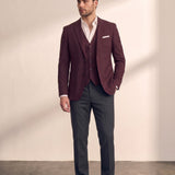 Men's Classic Three-Piece Formal Suit in Burgundy, front view, full length